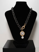 collana  musa catena argento chiusura moschettone brillantini medaglione bicolor perla